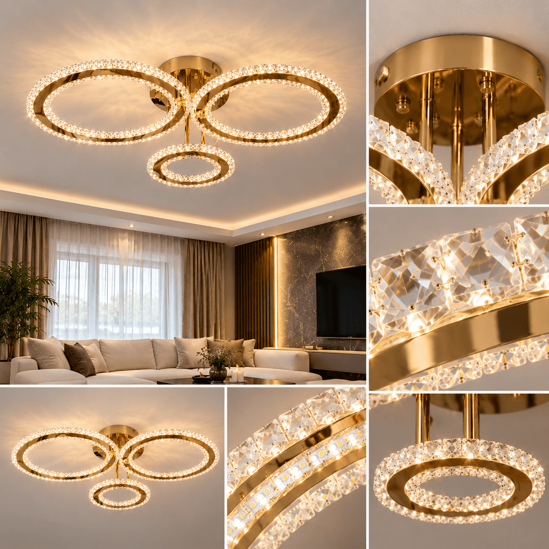 Luxury Living Krystal Loftlampe – 3 Ringe | Guld | LED - Løven Home