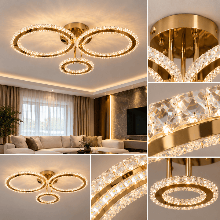 Luxury Living Krystal Loftlampe – 3 Ringe | Guld | LED - Løven Home