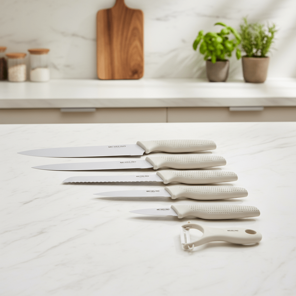 Michelino Alythia Knivsæt – 6 Dele - Elegant Beige med Non - stick Belægning - Løven Home