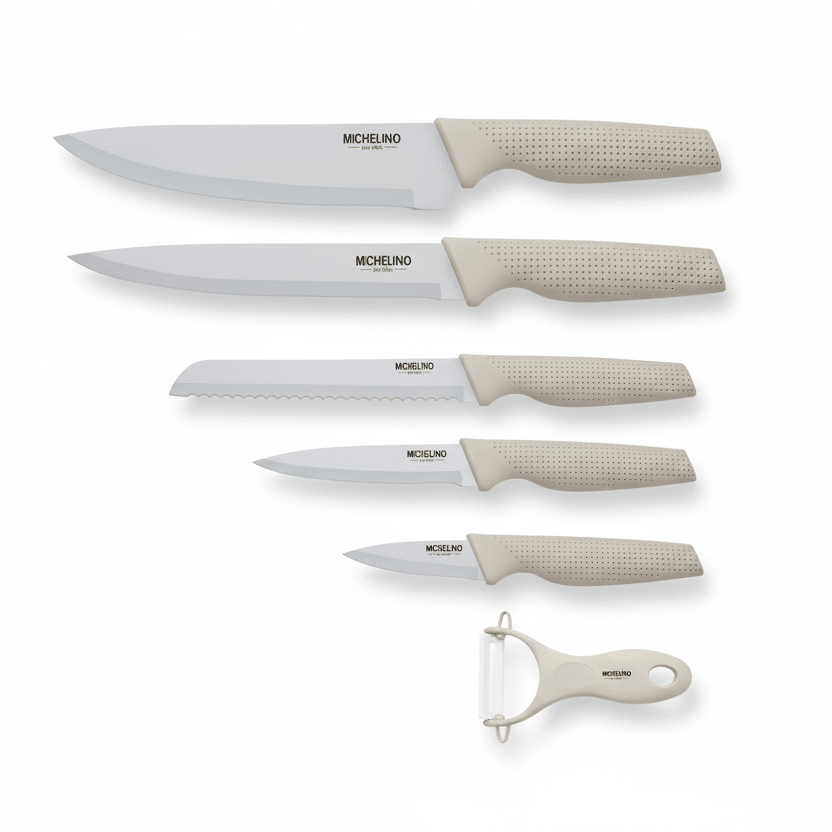 Michelino Alythia Knivsæt – 6 Dele - Elegant Beige med Non - stick Belægning - Løven Home