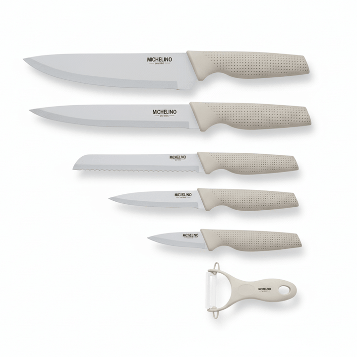 Michelino Alythia Knivsæt – 6 Dele - Elegant Beige med Non - stick Belægning - Løven Home