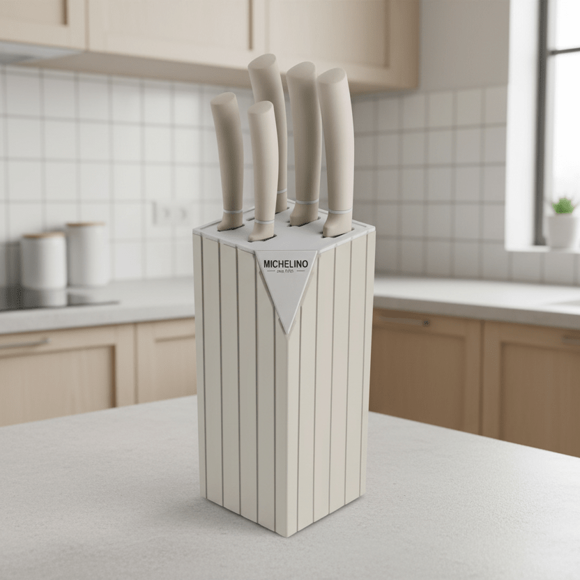 Michelino Alythia Knivsæt m/Blok - 6 Dele - Beige - Løven Home