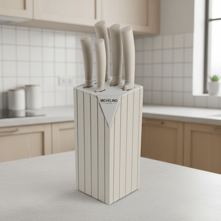 Michelino Alythia Knivsæt m/Blok - 6 Dele - Beige - Løven Home