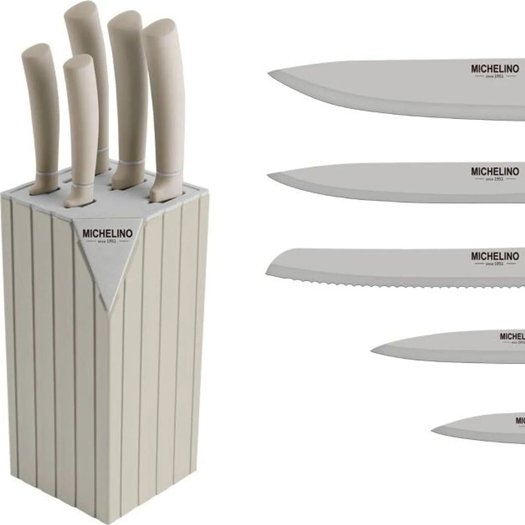 Michelino Alythia Knivsæt m/Blok - 6 Dele - Beige - Løven Home