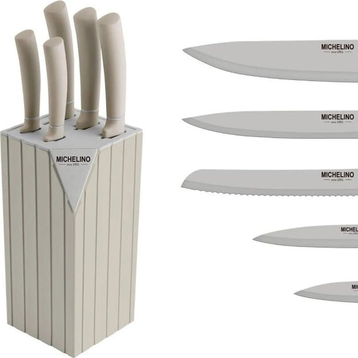 Michelino Alythia Knivsæt m/Blok - 6 Dele - Beige - Løven Home