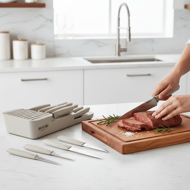Michelino Alythia Knivsæt m/Holder – 10 Dele - Beige - Løven Home