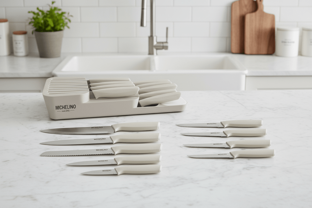 Michelino Alythia Knivsæt m/Holder – 10 Dele - Beige - Løven Home