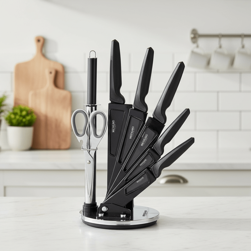 Michelino Elegant knivsæt med drejestativ – 8 dele Grå - Løven Home