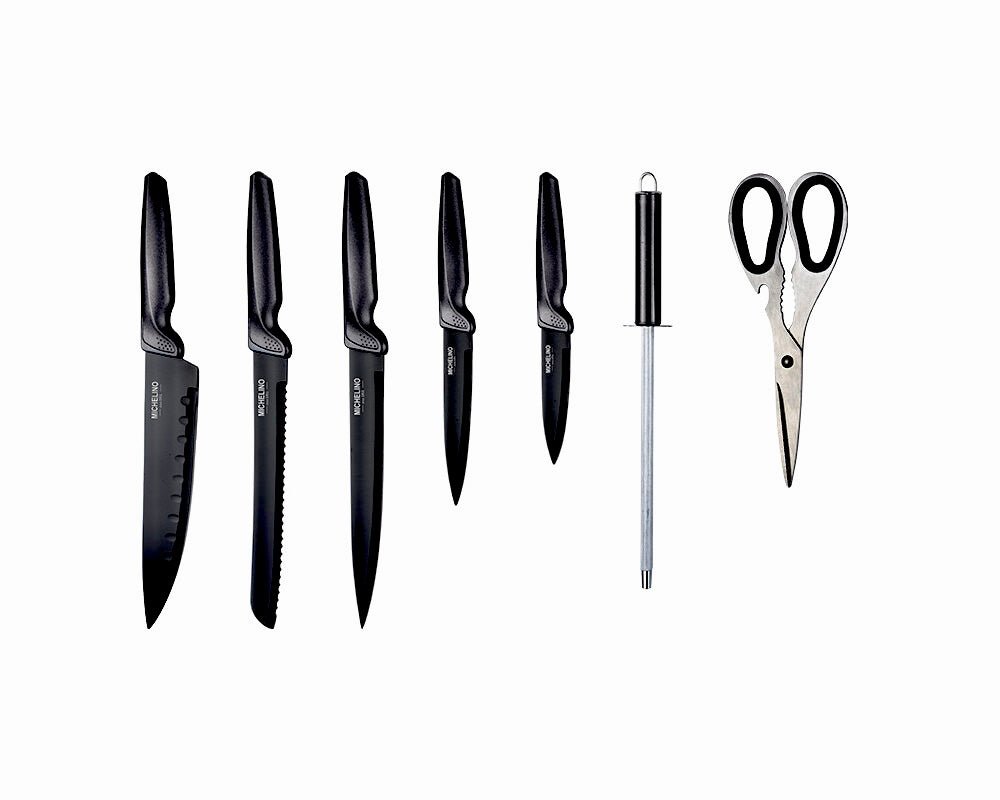 Michelino Elegant knivsæt med drejestativ – 8 dele Sort - Løven Home