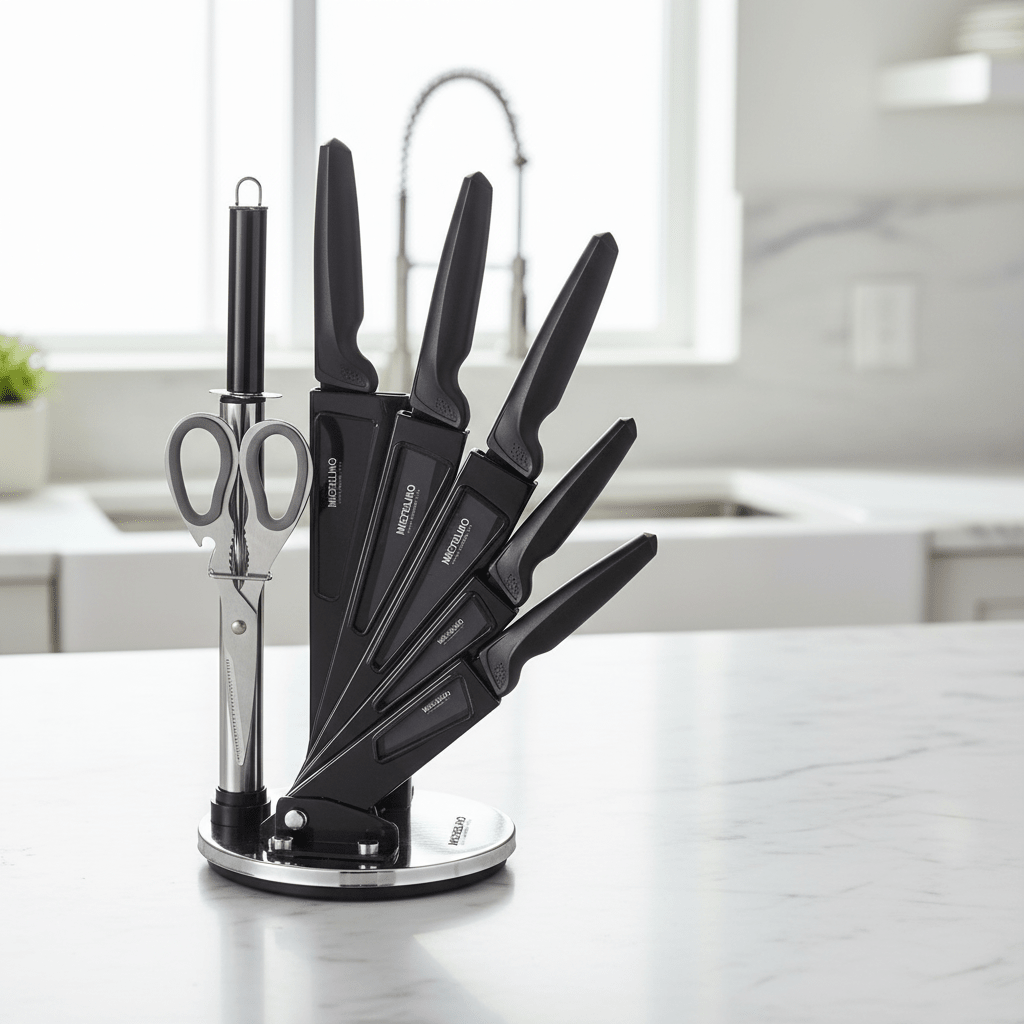 Michelino Elegant knivsæt med drejestativ – 8 dele Sort - Løven Home