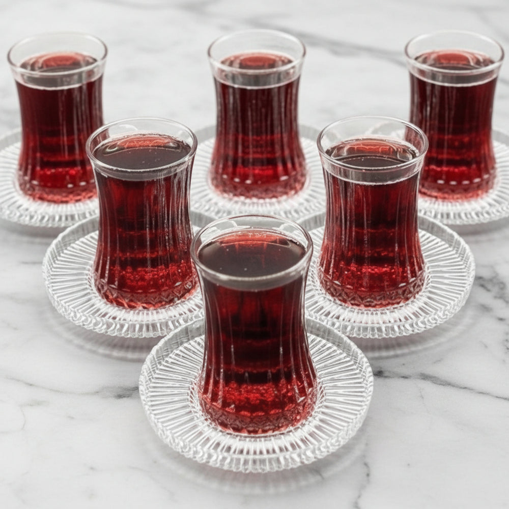 Pasabahce Elysia Tesæt – 12 dele (6 teglas + 6 underkopper) (Kopi) - Løven Home