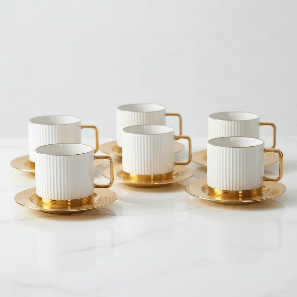 Porcelæn/Metal Kaffekoppesæt 12 dele | Stribet Hvid/Guld - Løven Home