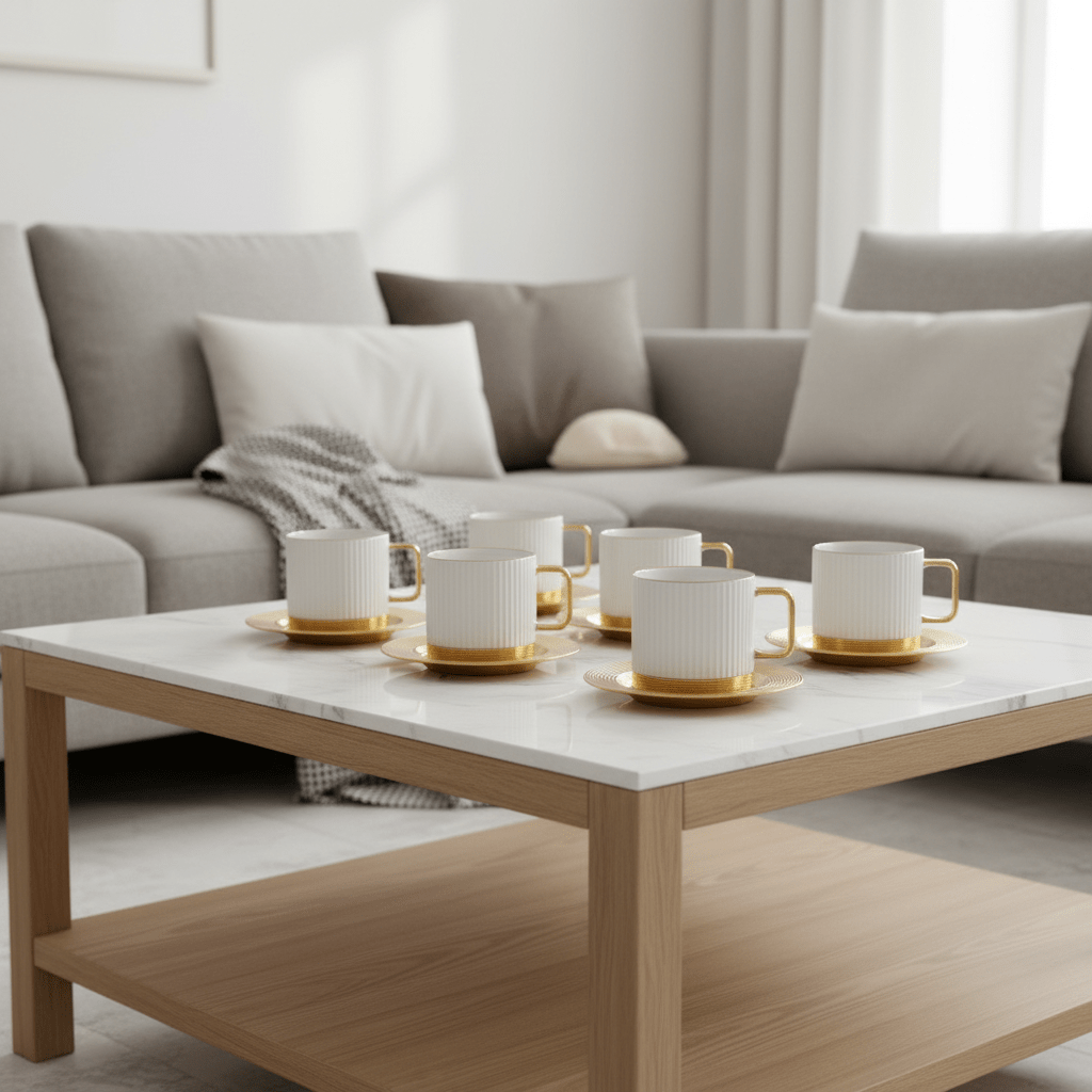 Porcelæn/Metal Kaffekoppesæt 12 dele | Stribet Hvid/Guld - Løven Home