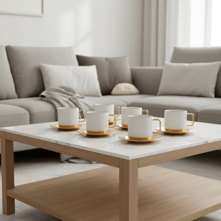 Porcelæn/Metal Kaffekoppesæt 12 dele | Stribet Hvid/Guld - Løven Home