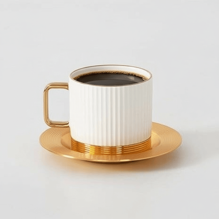 Porcelæn/Metal Kaffekoppesæt 12 dele | Stribet Hvid/Guld - Løven Home