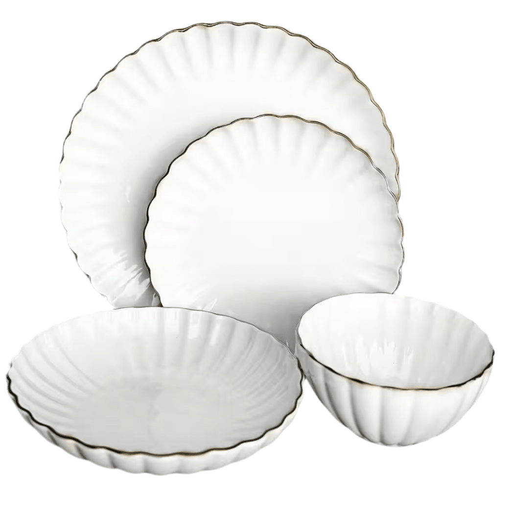 Råhvid Porcelænssæt m/Guldkant 6 Pers. 24 Dele - Almina Daisy Golden Line - Løven Home