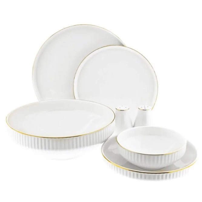 Råhvid Porcelænssæt m/Guldkant 6 Pers. 27 Dele - Almina Borneo - Løven Home