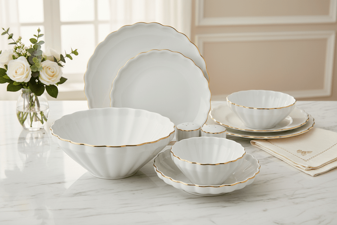 Råhvid Porcelænssæt m/Guldkant 6 Pers. 27 Dele - Almina Flores - Løven Home
