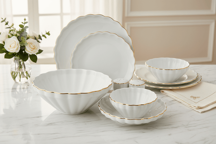 Råhvid Porcelænssæt m/Guldkant 6 Pers. 27 Dele - Almina Flores - Løven Home