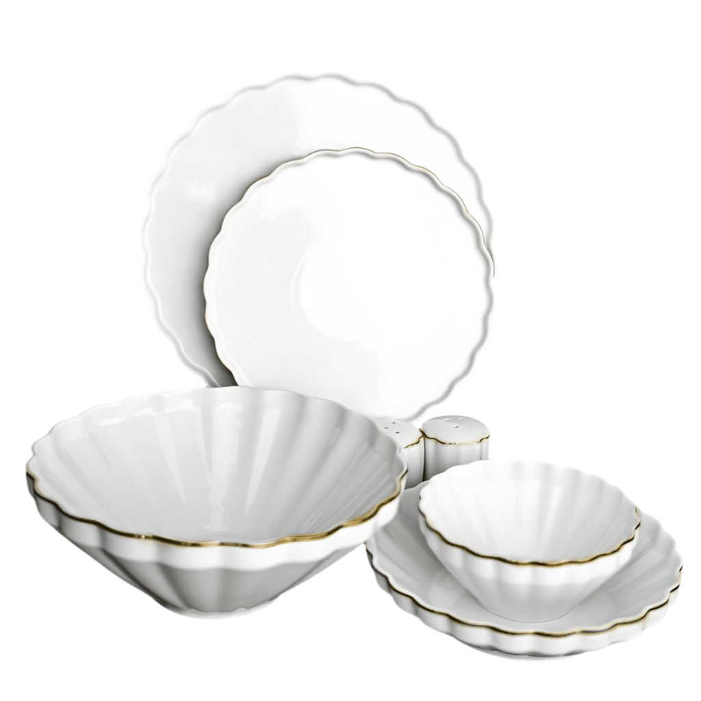 Råhvid Porcelænssæt m/Guldkant 6 Pers. 27 Dele - Almina Flores - Løven Home