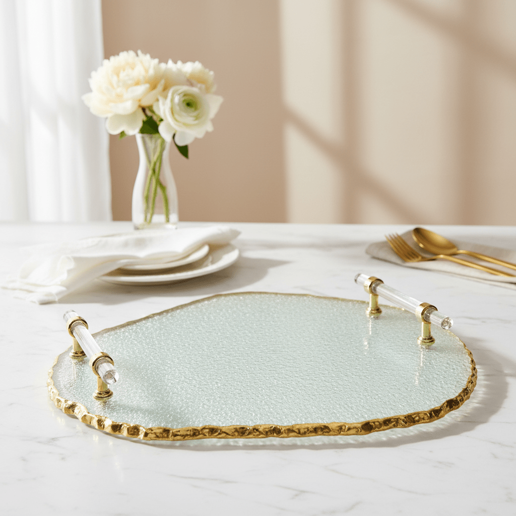 Schäfer kantet organisk formet glasbakke m/greb & guldkant (Ø36 cm) - Løven Home