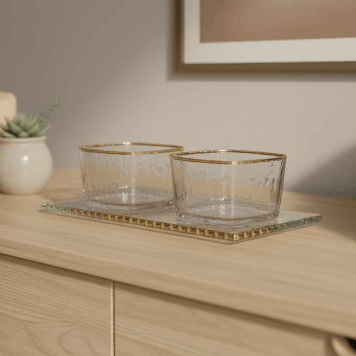 Schäfer 3 - Delt Glasskålesæt med Guldkant – inkl. Glasbakke - Løven Home