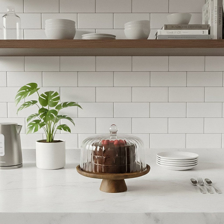 Serveringsfad med glasklokke og træfod Luana La Torta Medio - Løven Home