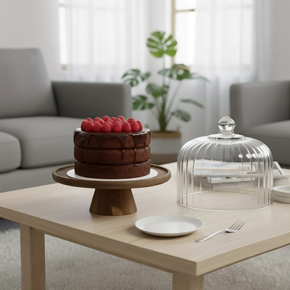 Serveringsfad med glasklokke og træfod Luana La Torta Medio - Løven Home