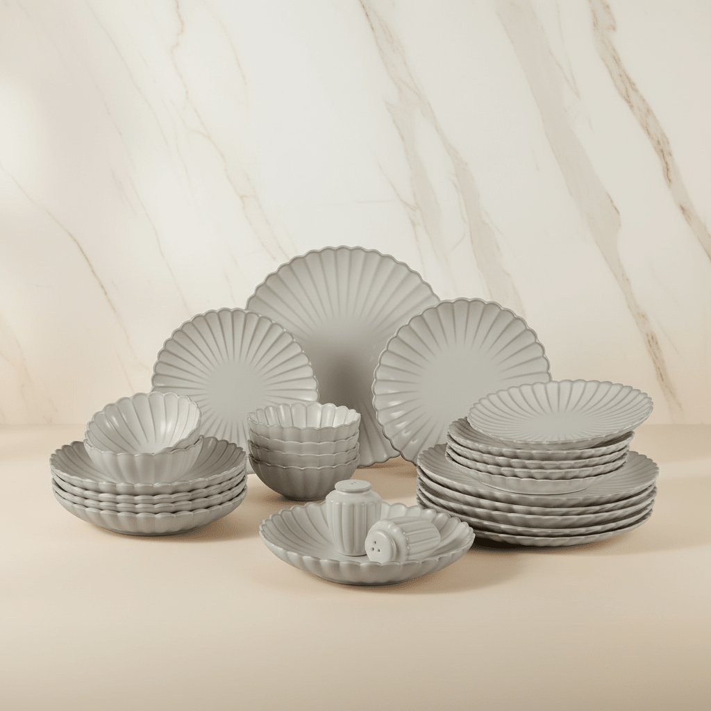 <strong>Almina Bloomy</strong></br> <i>Tallerkensæt</i> </br>Cremet beige porcelæn i 26 dele til 6 Pers. - Løven Home