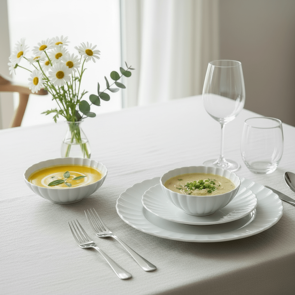 <strong>Almina Daisy</strong></br> <i>Tallerkensæt</i> </br>Hvid Porcelæn i 24 dele til 6 Pers. - Løven Home