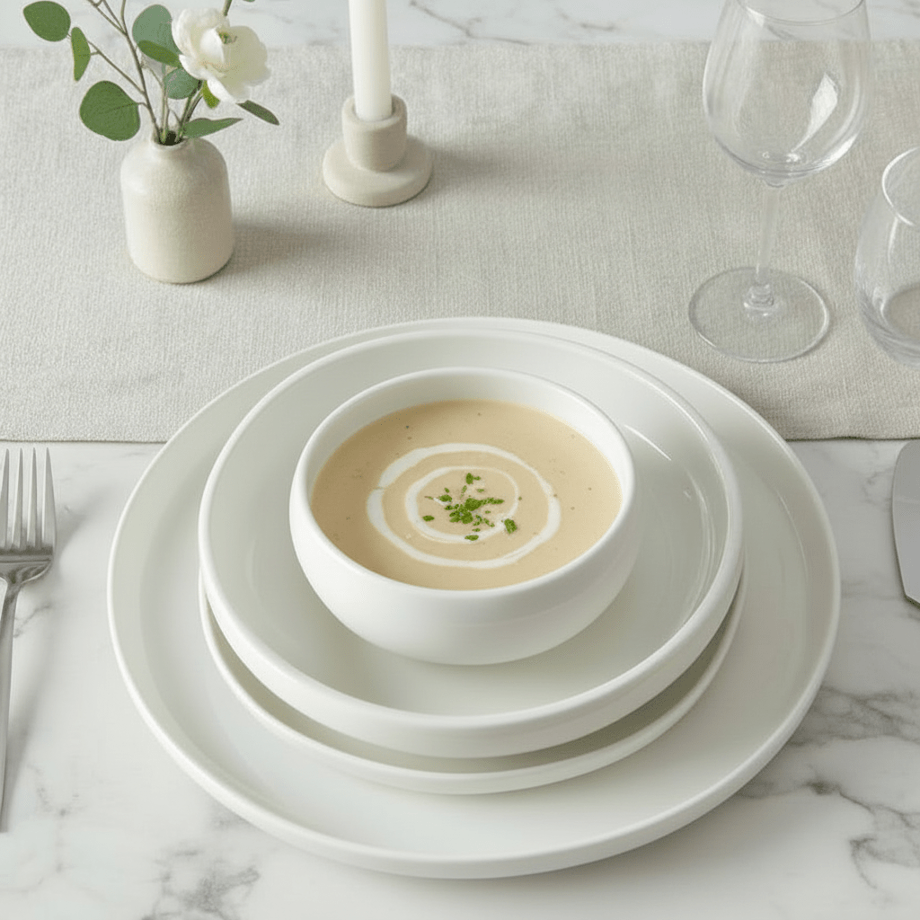 <strong>Almina Diva</strong></br> <i>Tallerkensæt</i> </br>Hvid porcelæn i 24 dele til 6 Pers. - Løven Home