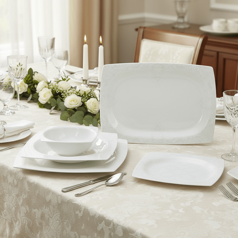 <strong>Bricard Cannes</strong></br> <i>Tallerkensæt</i> </br>Hvid Mønstret Porcelæn i 25 dele til 6 Pers. - Løven Home