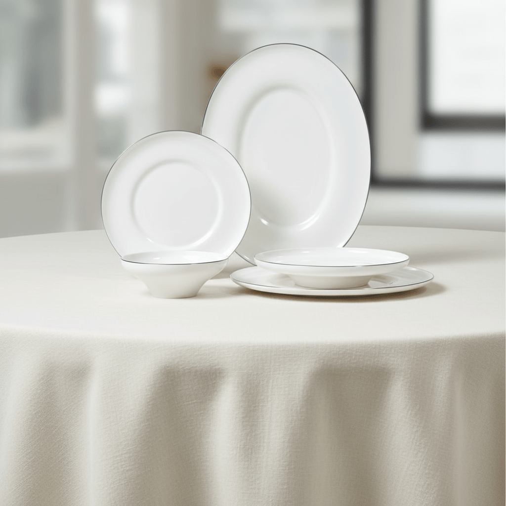 <strong>Bricard Macon Silver</strong></br> <i>Tallerkensæt</i> </br>Hvid/Sølv porcelæn i 25 dele til 6 Pers. - Løven Home