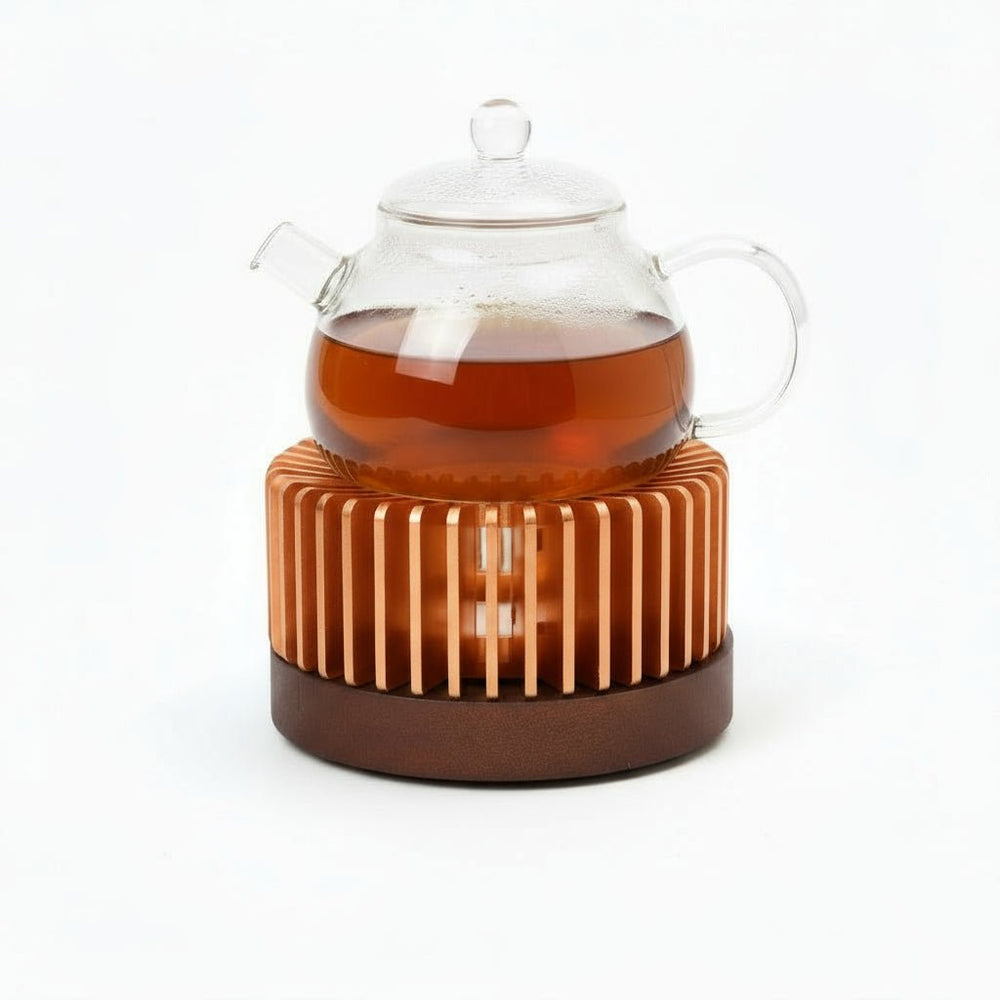 Tepottevarmer til Fyrfadslys - Rillet - Kobber/Mørk Træ - 11x6 cm - Løven Home