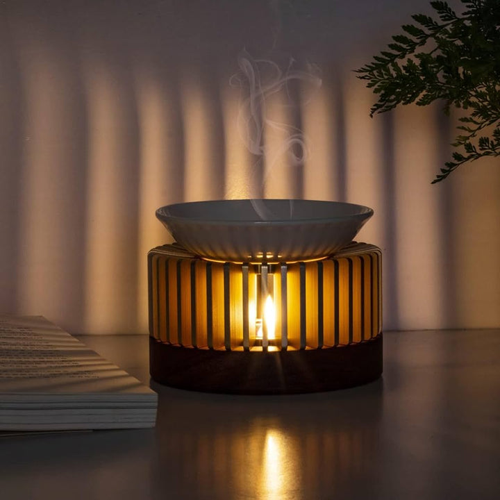 Tepottevarmer til Fyrfadslys - Rillet - Kobber/Mørk Træ - 11x6 cm - Løven Home