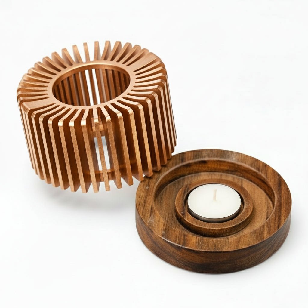 Tepottevarmer til Fyrfadslys - Rillet - Kobber/Mørk Træ - 11x6 cm - Løven Home