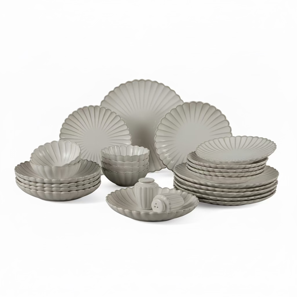 Almina Bloomy Porcelænssæt til 6 personer - 26 dele - Bølget - Creme/Beige